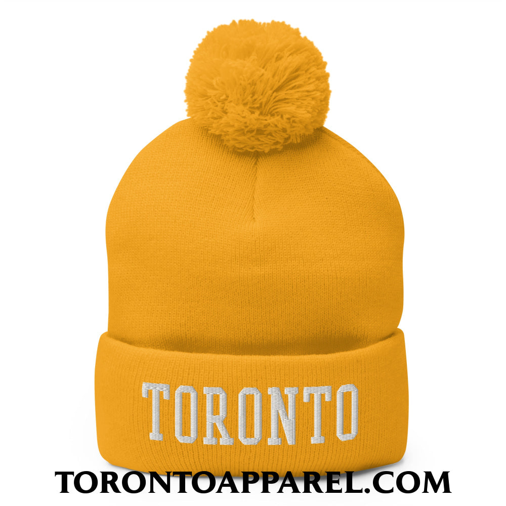 Toronto College Varsity Block Embroidered Pom Pom Knit Beanie - Gold - Toronto Apparel