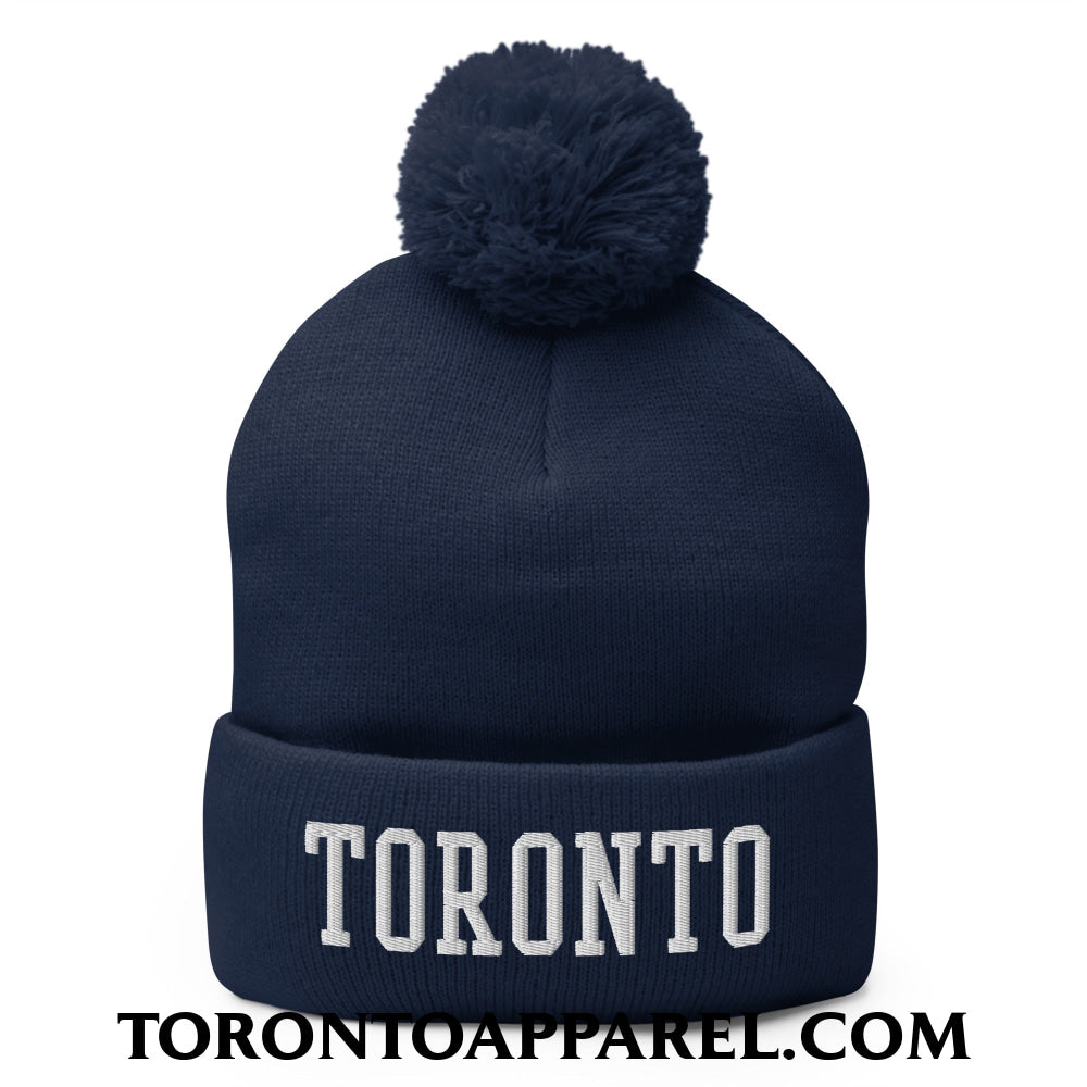 Toronto College Varsity Block Embroidered Pom Pom Knit Beanie - Navy - Toronto Apparel