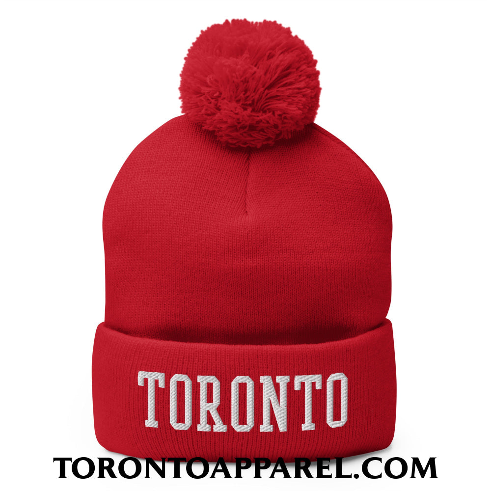 Toronto College Varsity Block Embroidered Pom Pom Knit Beanie - Red - Toronto Apparel