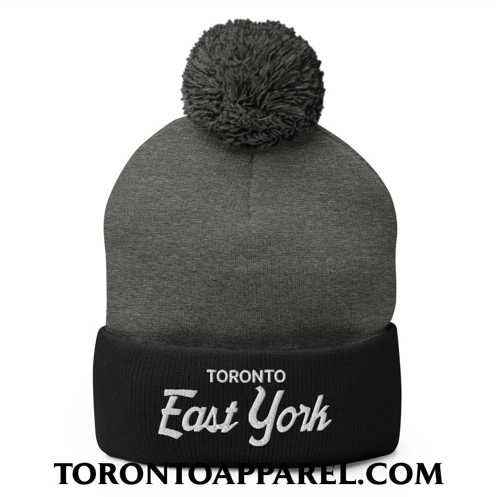 Toronto East York Embroidered Pom Pom Knit Beanie - Dark Heather Grey/ Black - Toronto Apparel
