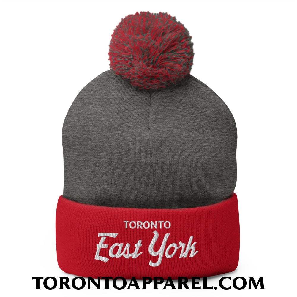 Toronto East York Embroidered Pom Pom Knit Beanie - Dark Heather Grey/ Red - Toronto Apparel