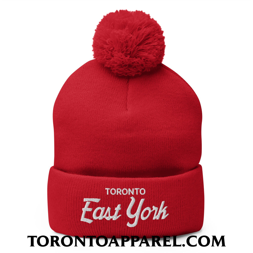 Toronto East York Embroidered Pom Pom Knit Beanie - Red - Toronto Apparel