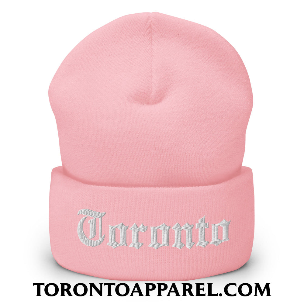 Toronto Old English Embroidered Cuffed Knit Beanie - Baby Pink - Toronto Apparel