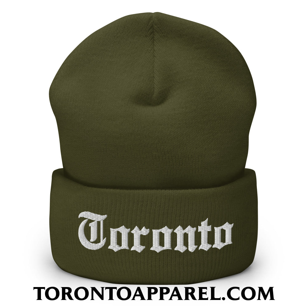 Toronto Old English Embroidered Cuffed Knit Beanie - Olive - Toronto Apparel