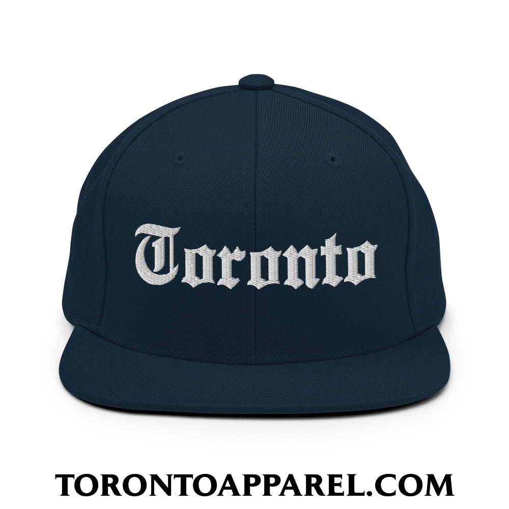 Toronto Old English Embroidered Flat Brim Bill Snapback Hat - Dark Navy - Toronto Apparel