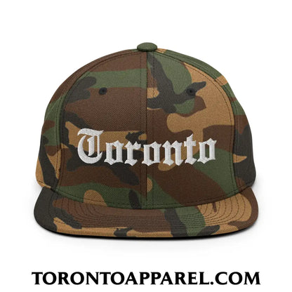 Toronto Old English Embroidered Flat Brim Bill Snapback Hat - Green Camo - Toronto Apparel