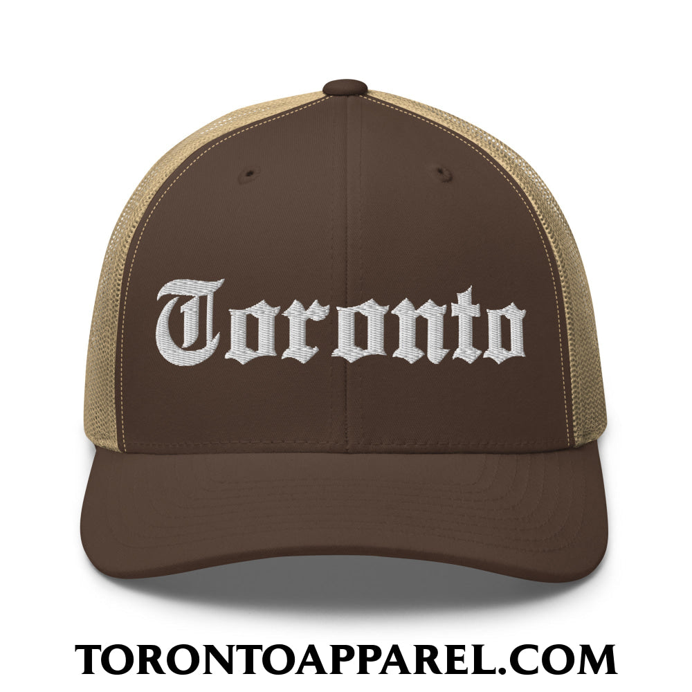 Toronto Old English Embroidered Mesh Trucker Hat - Brown/ Khaki - Toronto Apparel