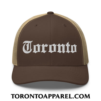Toronto Old English Embroidered Mesh Trucker Hat - Brown/ Khaki - Toronto Apparel