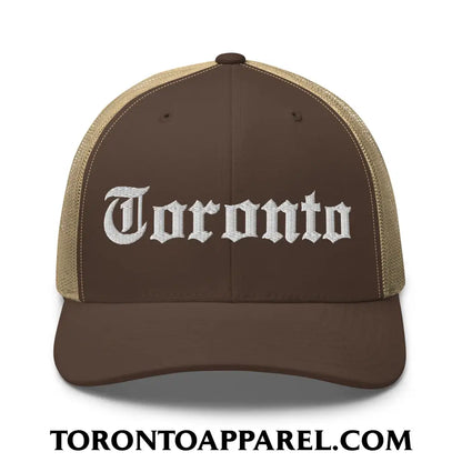 Toronto Old English Embroidered Mesh Trucker Hat - Brown/ Khaki - Toronto Apparel