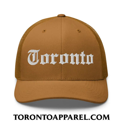 Toronto Old English Embroidered Mesh Trucker Hat - Caramel - Toronto Apparel