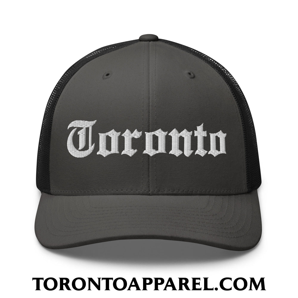 Toronto Old English Embroidered Mesh Trucker Hat - Charcoal/ Black - Toronto Apparel
