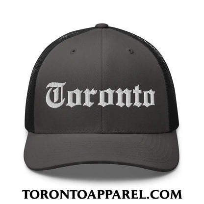 Toronto Old English Embroidered Mesh Trucker Hat - Charcoal/ Black - Toronto Apparel