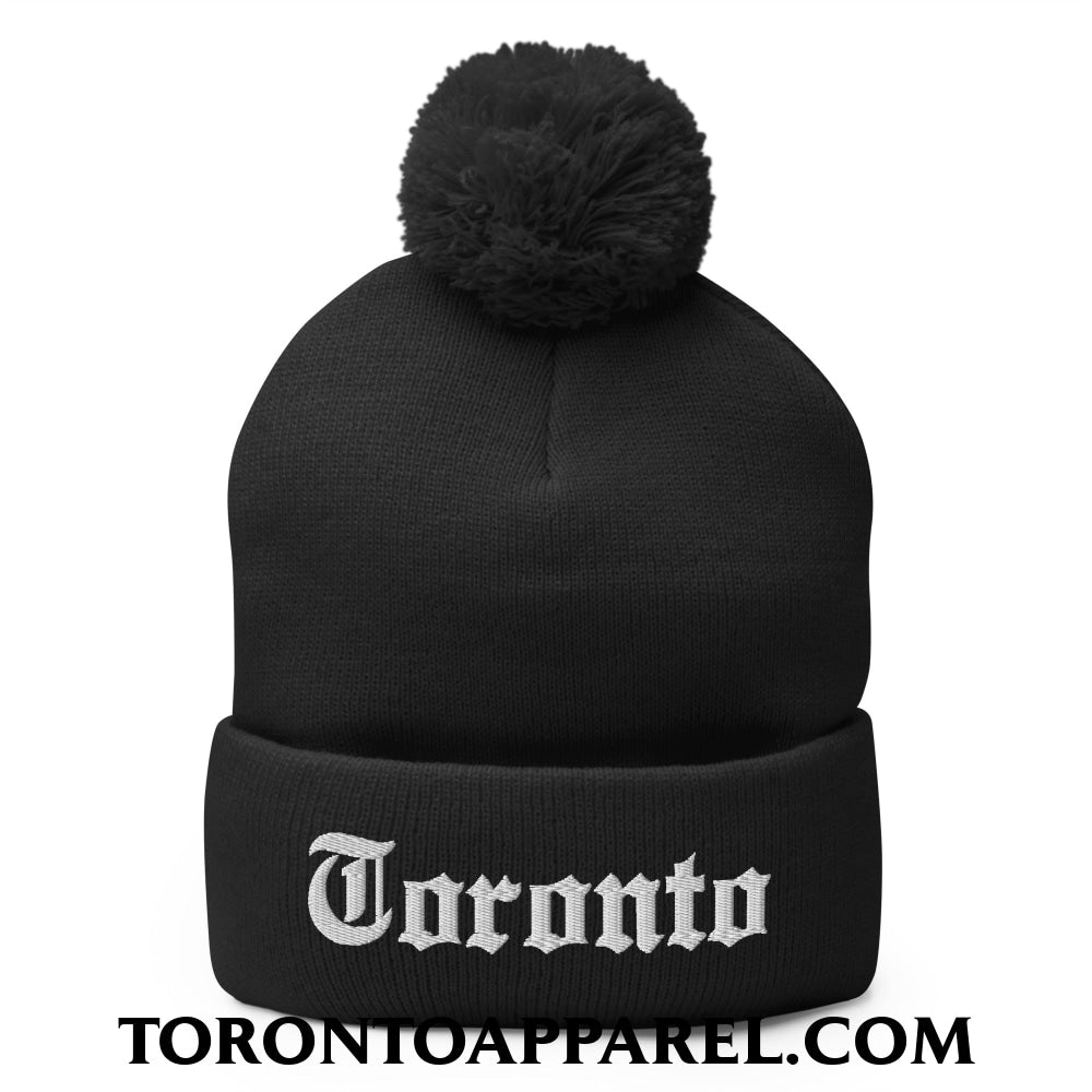 Toronto Old English Embroidered Pom Pom Knit Beanie - Black - Toronto Apparel