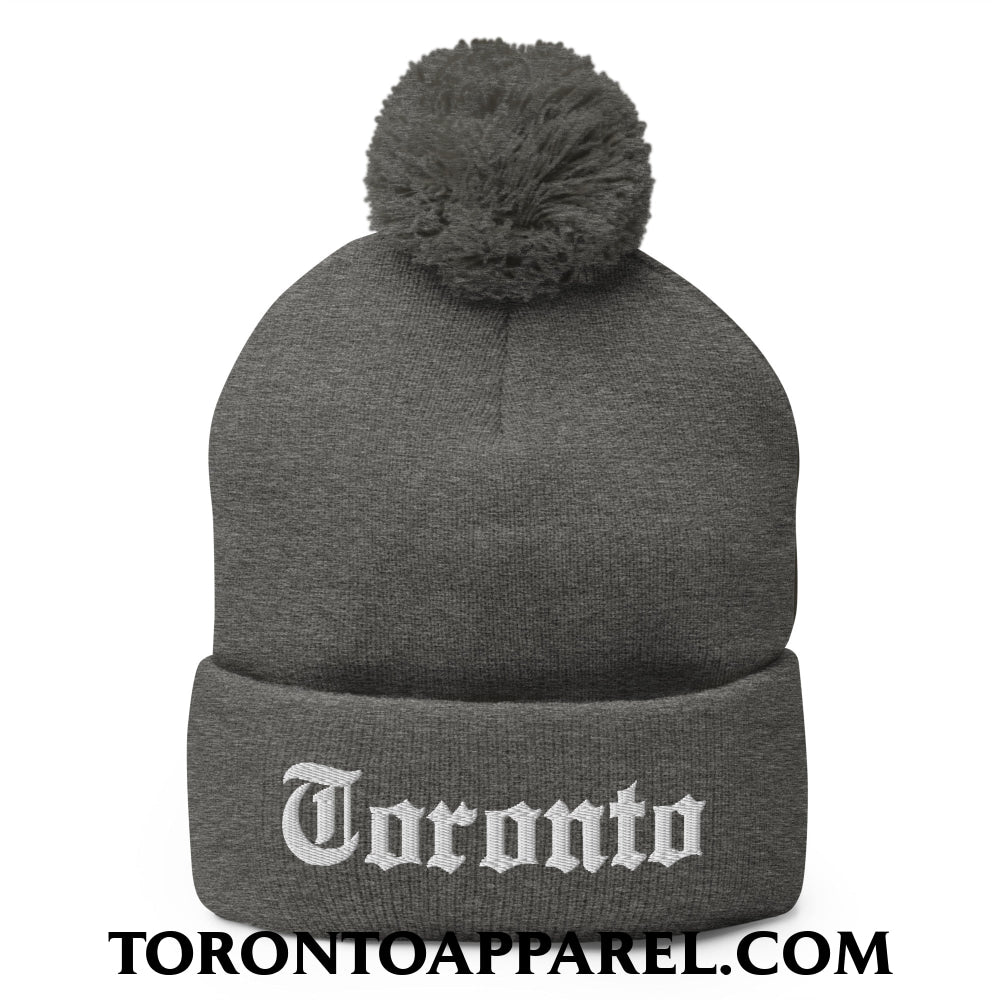 Toronto Old English Embroidered Pom Pom Knit Beanie - Dark Heather Grey - Toronto Apparel