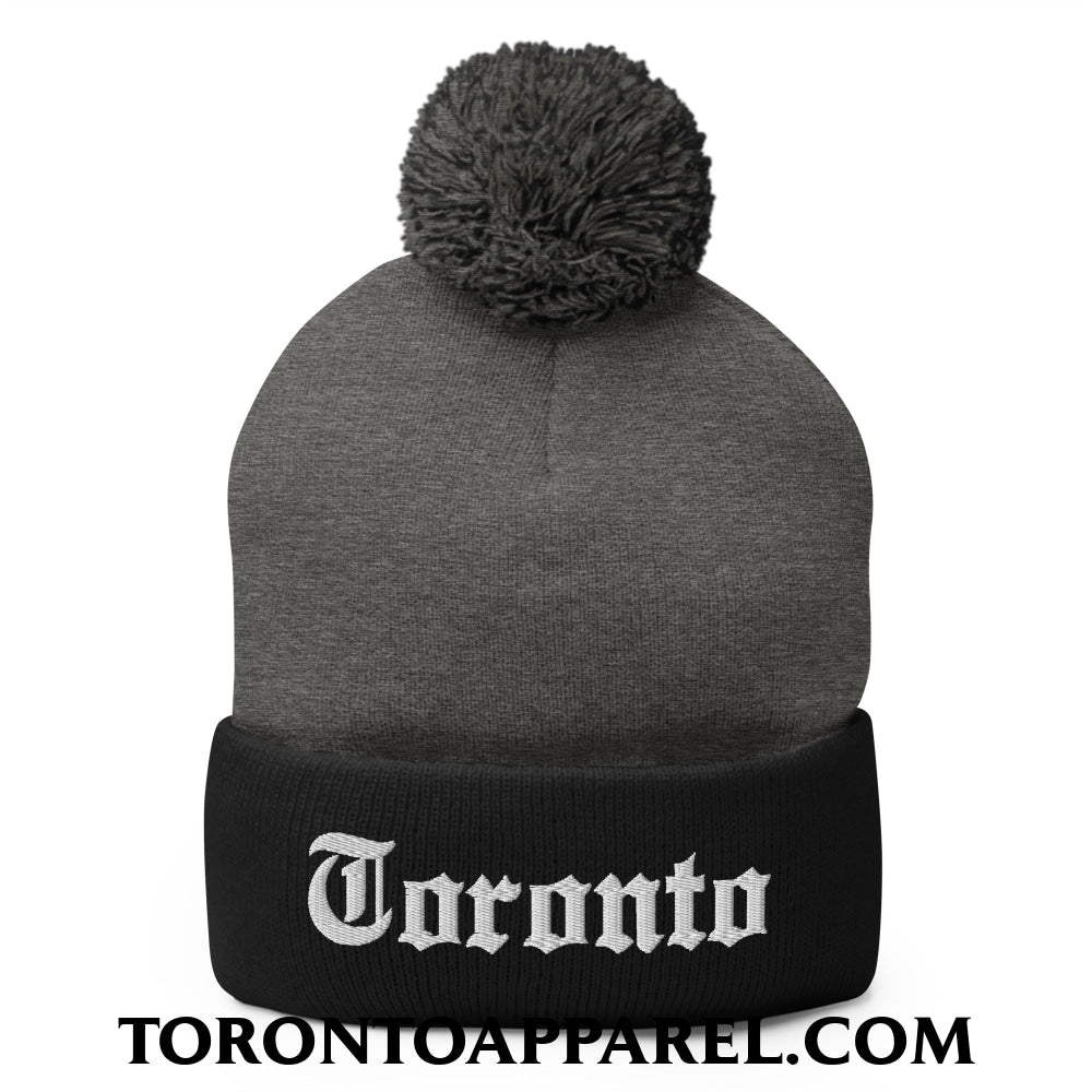 Toronto Old English Embroidered Pom Pom Knit Beanie - Dark Heather Grey/ Black - Toronto Apparel