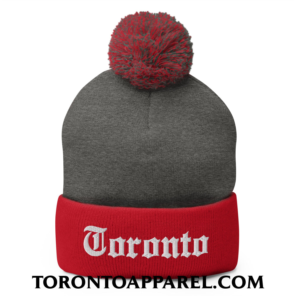 Toronto Old English Embroidered Pom Pom Knit Beanie - Dark Heather Grey/ Red - Toronto Apparel