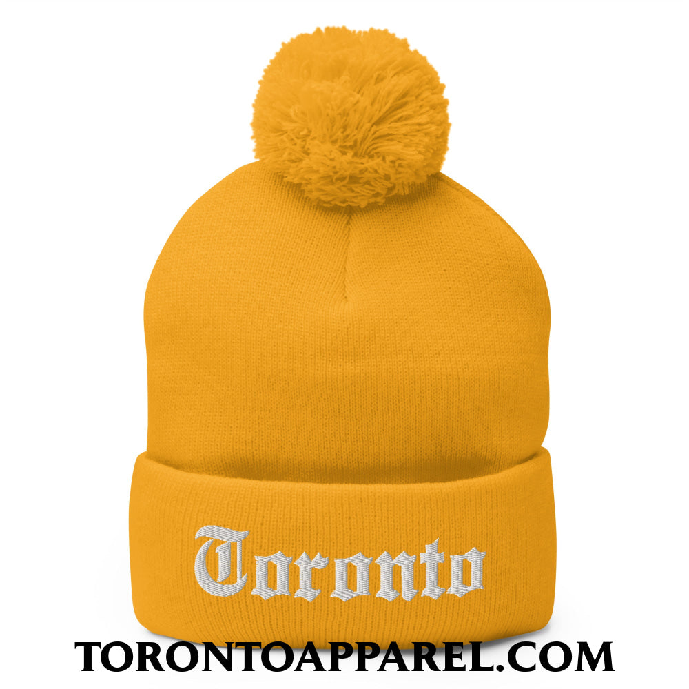 Toronto Old English Embroidered Pom Pom Knit Beanie - Gold - Toronto Apparel