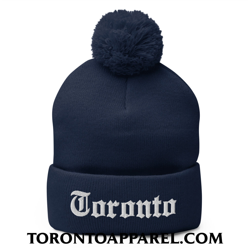 Toronto Old English Embroidered Pom Pom Knit Beanie - Navy - Toronto Apparel