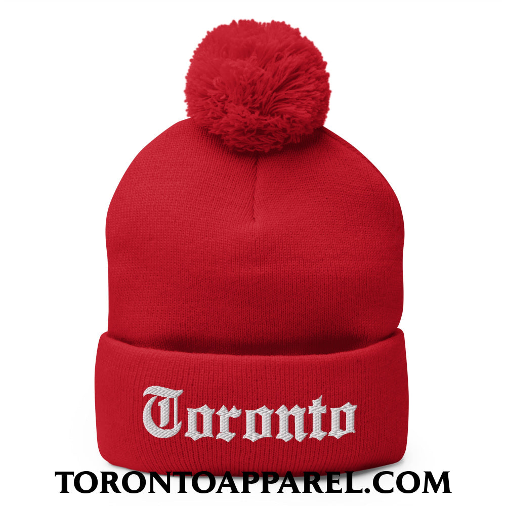 Toronto Old English Embroidered Pom Pom Knit Beanie - Red - Toronto Apparel