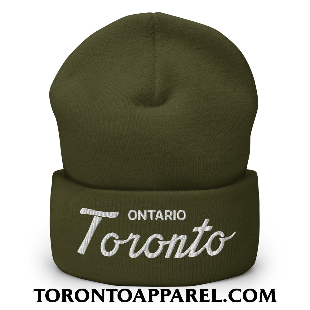 Toronto Ontario Classic Sports Script Embroidered Cuffed Knit Beanie - Olive - Toronto Apparel