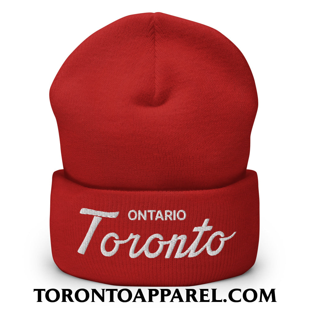 Toronto Ontario Classic Sports Script Embroidered Cuffed Knit Beanie - Red - Toronto Apparel
