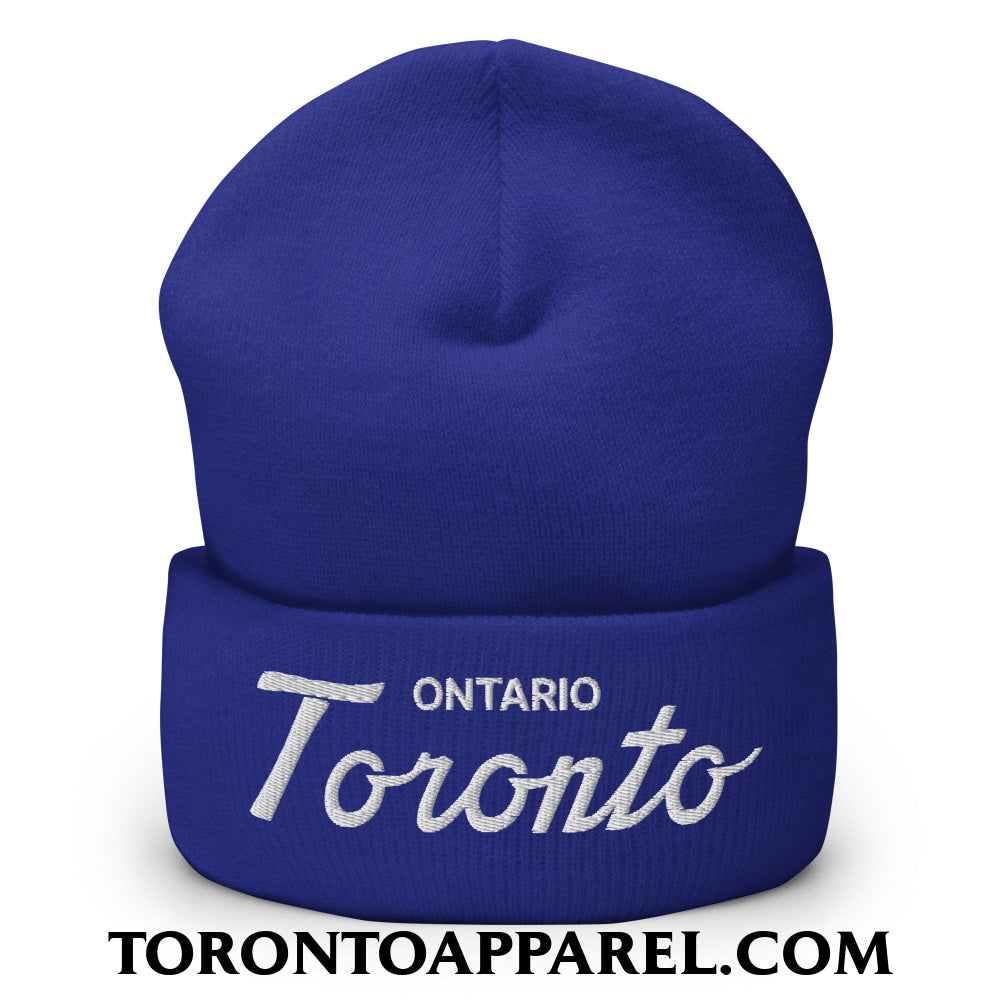 Toronto Ontario Classic Sports Script Embroidered Cuffed Knit Beanie - Royal - Toronto Apparel