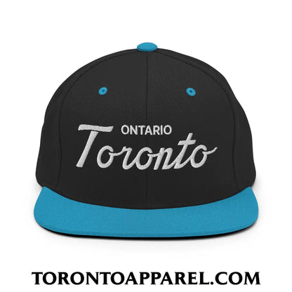 Toronto Ontario Classic Sports Script Embroidered Flat Brim Bill Snapback Hat - Black/ Teal - Toronto Apparel