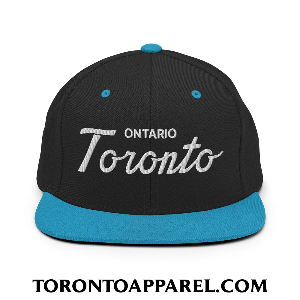 Toronto Ontario Classic Sports Script Embroidered Flat Brim Bill Snapback Hat - Black/ Teal - Toronto Apparel