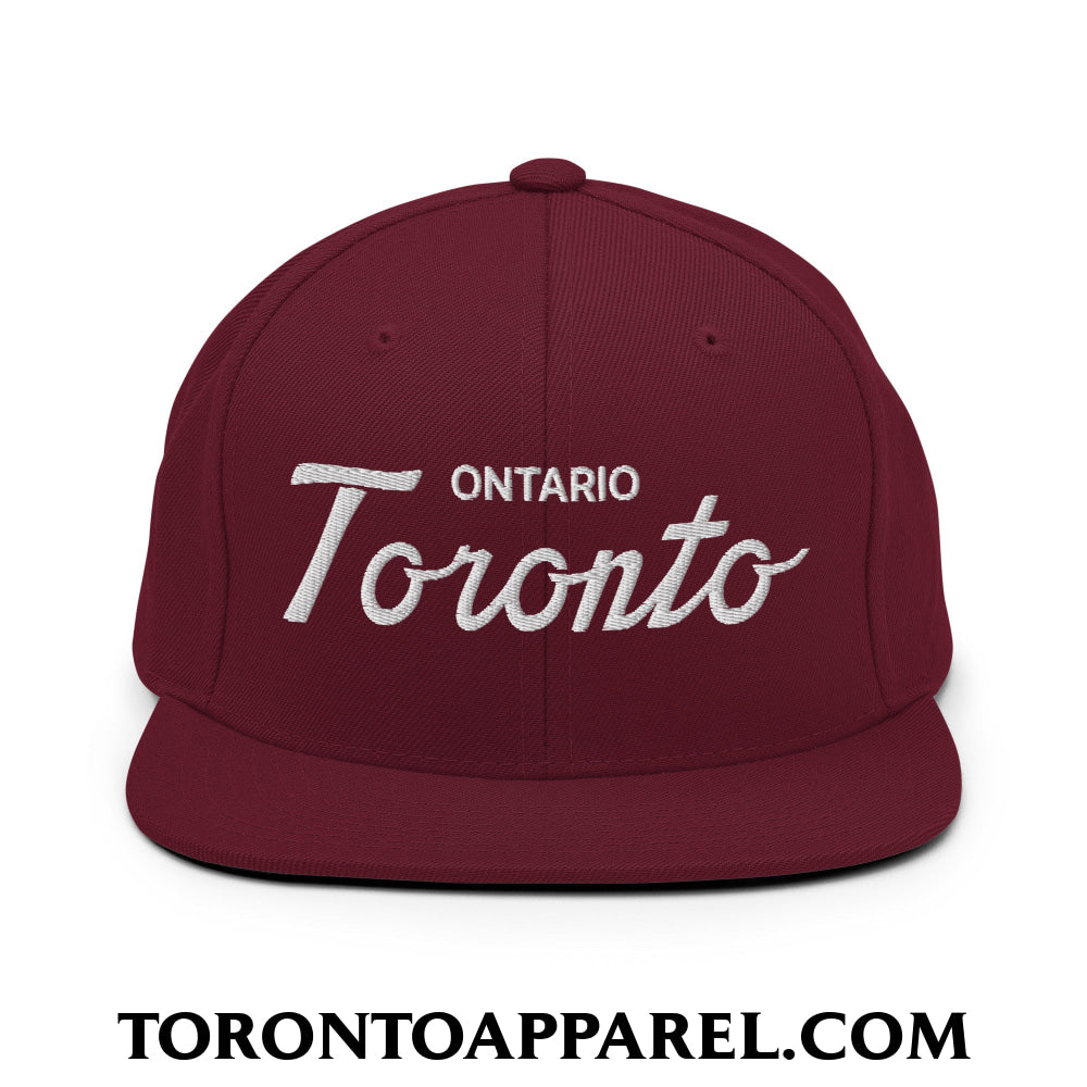 Toronto Ontario Classic Sports Script Embroidered Flat Brim Bill Snapback Hat - Maroon - Toronto Apparel