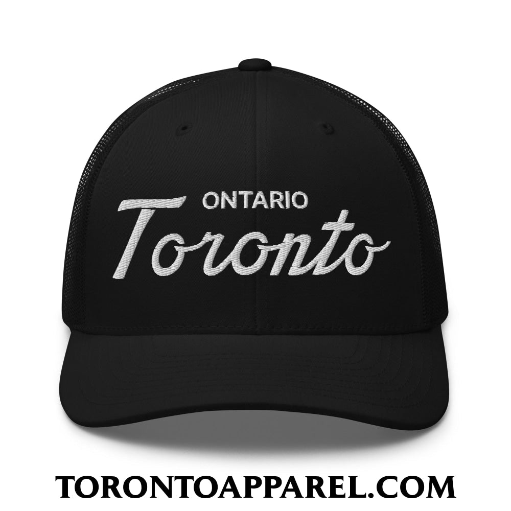 Toronto Ontario Classic Sports Script Embroidered Mesh Trucker Hat - Black - Toronto Apparel
