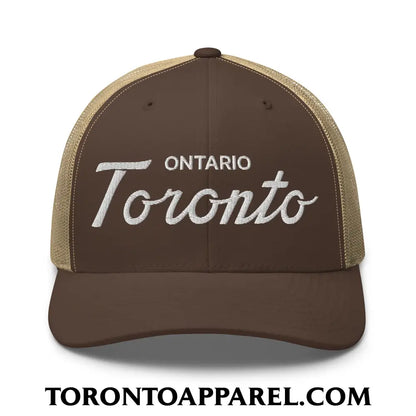 Toronto Ontario Classic Sports Script Embroidered Mesh Trucker Hat - Brown/ Khaki - Toronto Apparel