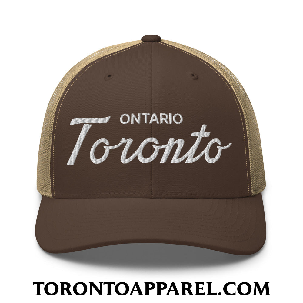 Toronto Ontario Classic Sports Script Embroidered Mesh Trucker Hat - Brown/ Khaki - Toronto Apparel