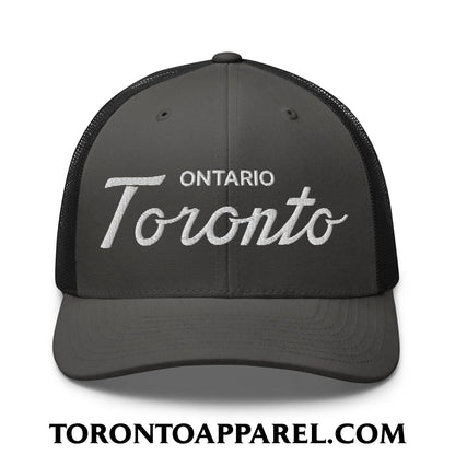 Toronto Ontario Classic Sports Script Embroidered Mesh Trucker Hat - Charcoal/ Black - Toronto Apparel