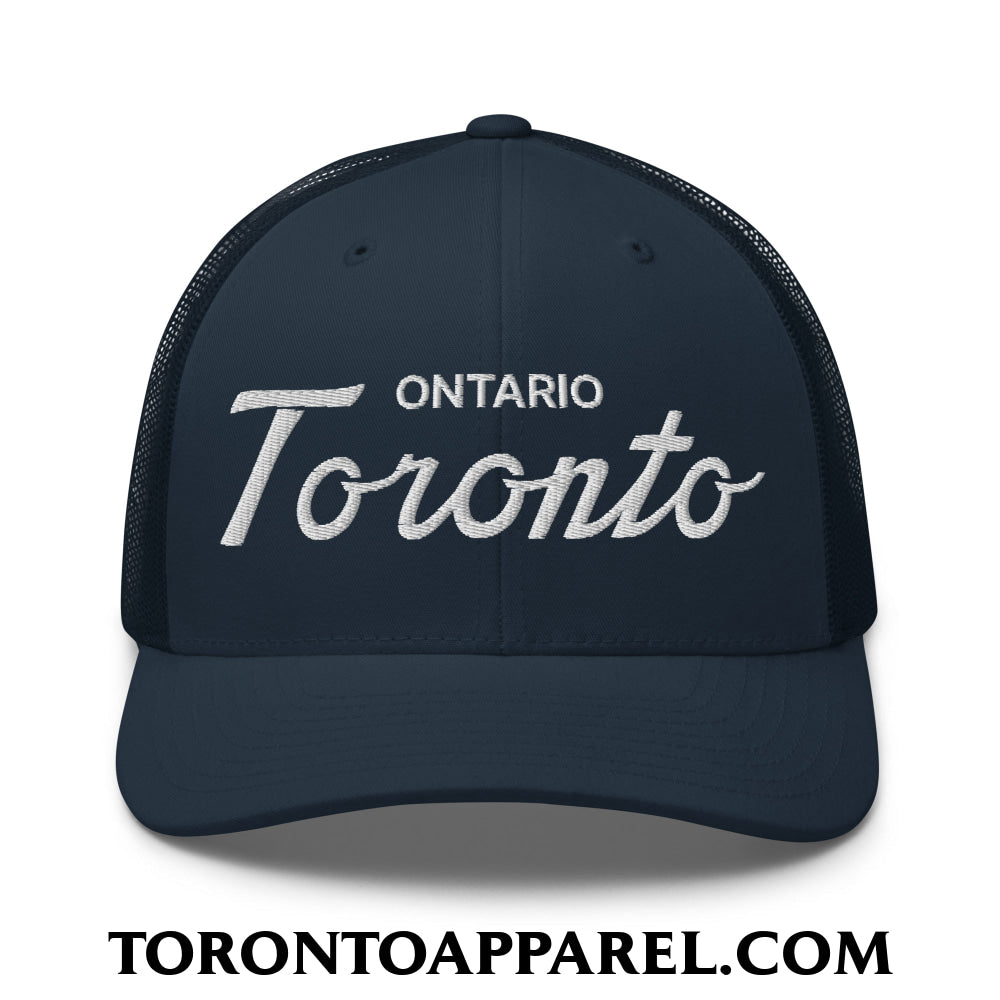 Toronto Ontario Classic Sports Script Embroidered Mesh Trucker Hat - Navy - Toronto Apparel