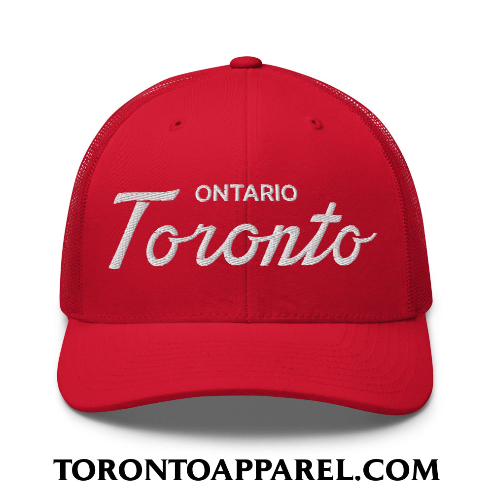 Toronto Ontario Classic Sports Script Embroidered Mesh Trucker Hat - Red - Toronto Apparel