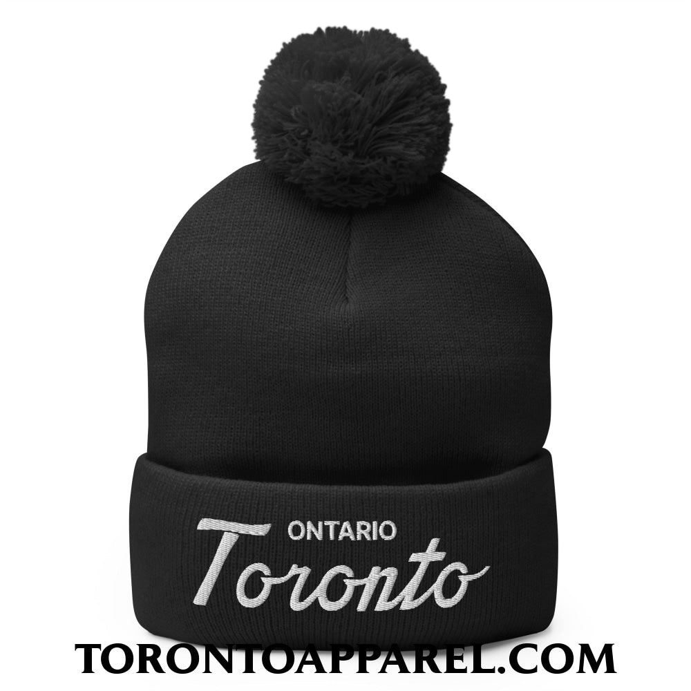 Toronto Ontario Classic Sports Script Embroidered Pom Pom Knit Beanie - Black - Toronto Apparel