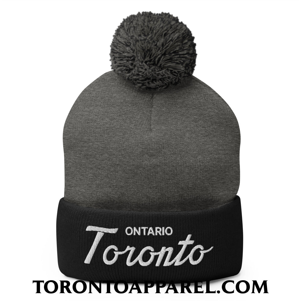 Toronto Ontario Classic Sports Script Embroidered Pom Pom Knit Beanie - Dark Heather Grey/ Black - Toronto Apparel