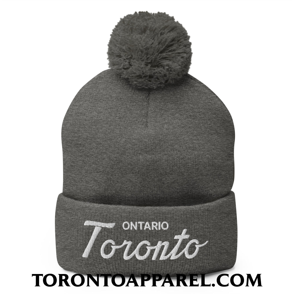 Toronto Ontario Classic Sports Script Embroidered Pom Pom Knit Beanie - Dark Heather Grey - Toronto Apparel