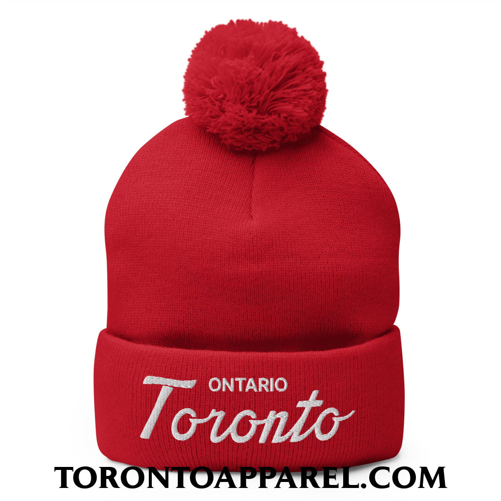 Toronto Ontario Classic Sports Script Embroidered Pom Pom Knit Beanie - Red - Toronto Apparel