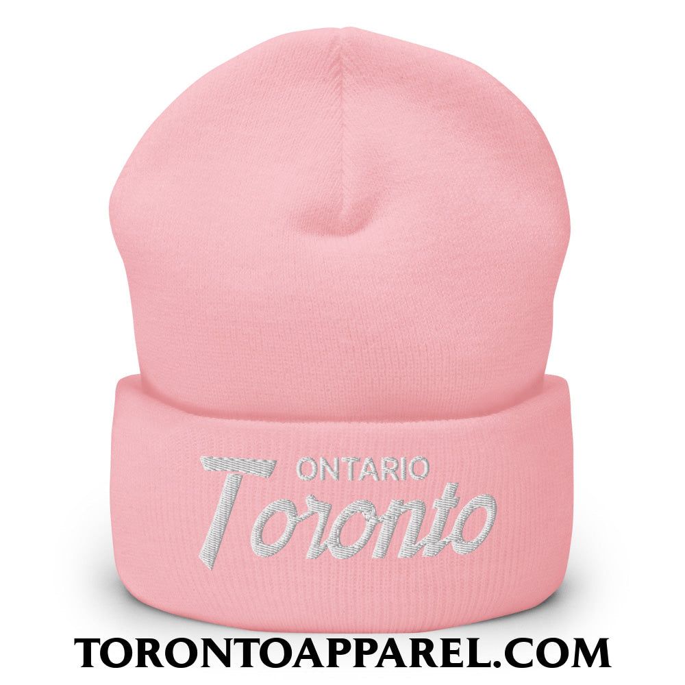 Toronto Ontario Vintage Sports Script Embroidered Cuffed Knit Beanie - Baby Pink - Toronto Apparel