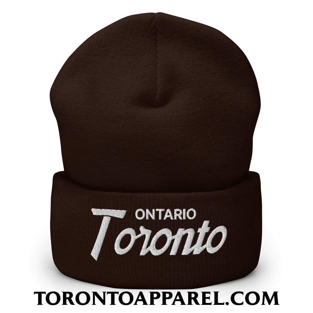 Toronto Ontario Vintage Sports Script Embroidered Cuffed Knit Beanie - Brown - Toronto Apparel