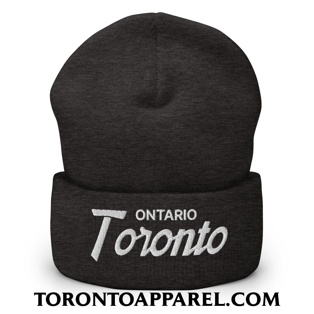Toronto Ontario Vintage Sports Script Embroidered Cuffed Knit Beanie - Dark Grey - Toronto Apparel