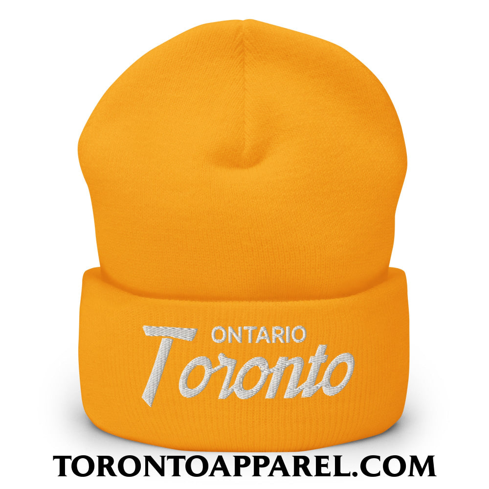 Toronto Ontario Vintage Sports Script Embroidered Cuffed Knit Beanie - Gold - Toronto Apparel