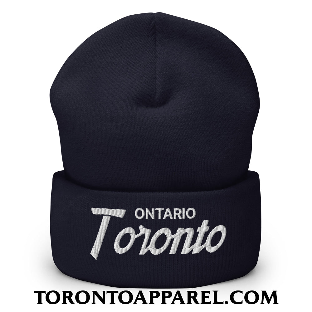 Toronto Ontario Vintage Sports Script Embroidered Cuffed Knit Beanie - Navy - Toronto Apparel