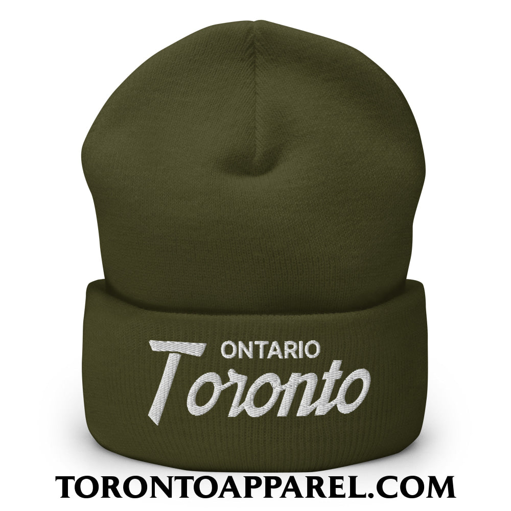 Toronto Ontario Vintage Sports Script Embroidered Cuffed Knit Beanie - Olive - Toronto Apparel
