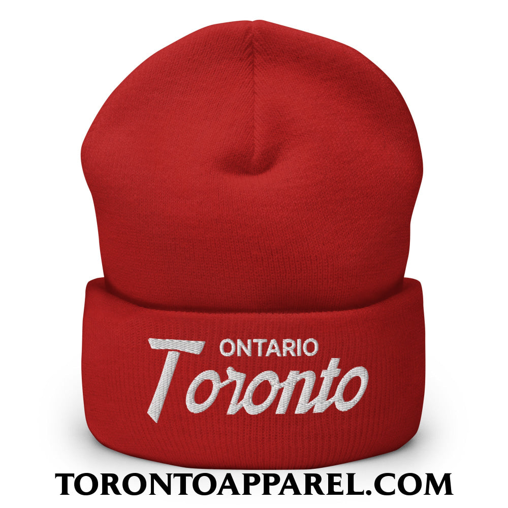 Toronto Ontario Vintage Sports Script Embroidered Cuffed Knit Beanie - Red - Toronto Apparel