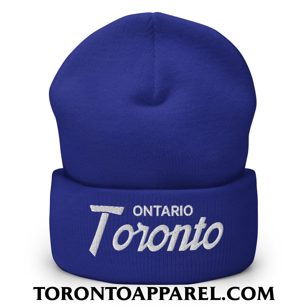 Toronto Ontario Vintage Sports Script Embroidered Cuffed Knit Beanie - Royal - Toronto Apparel