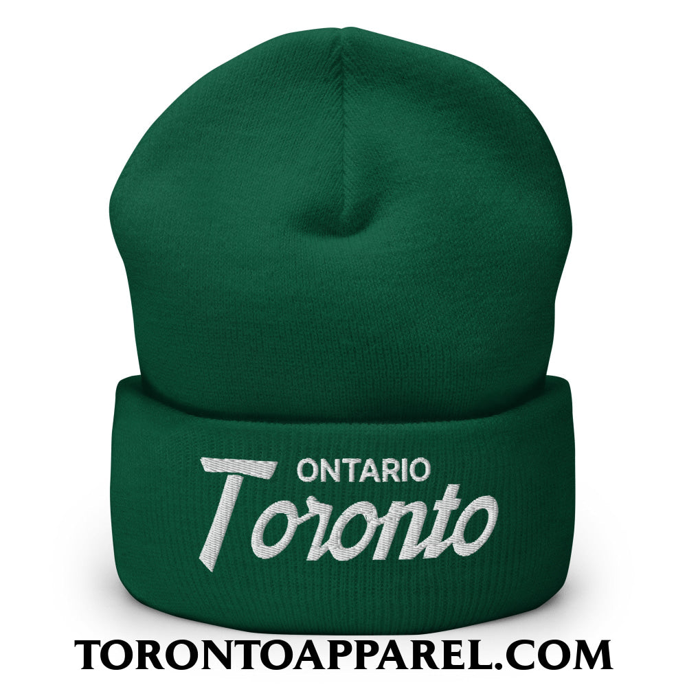 Toronto Ontario Vintage Sports Script Embroidered Cuffed Knit Beanie - Spruce - Toronto Apparel