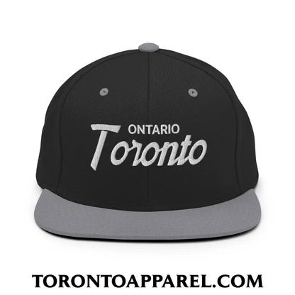 Toronto Ontario Vintage Sports Script Embroidered Flat Brim Bill Snapback Hat - Black/ Silver - Toronto Apparel