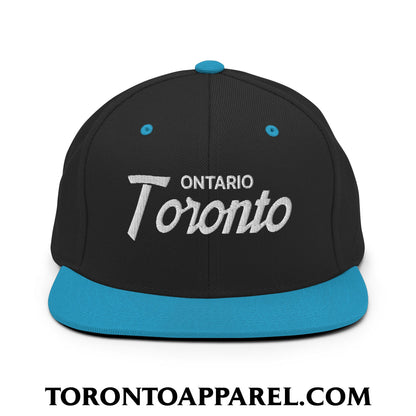 Toronto Ontario Vintage Sports Script Embroidered Flat Brim Bill Snapback Hat - Black/ Teal - Toronto Apparel